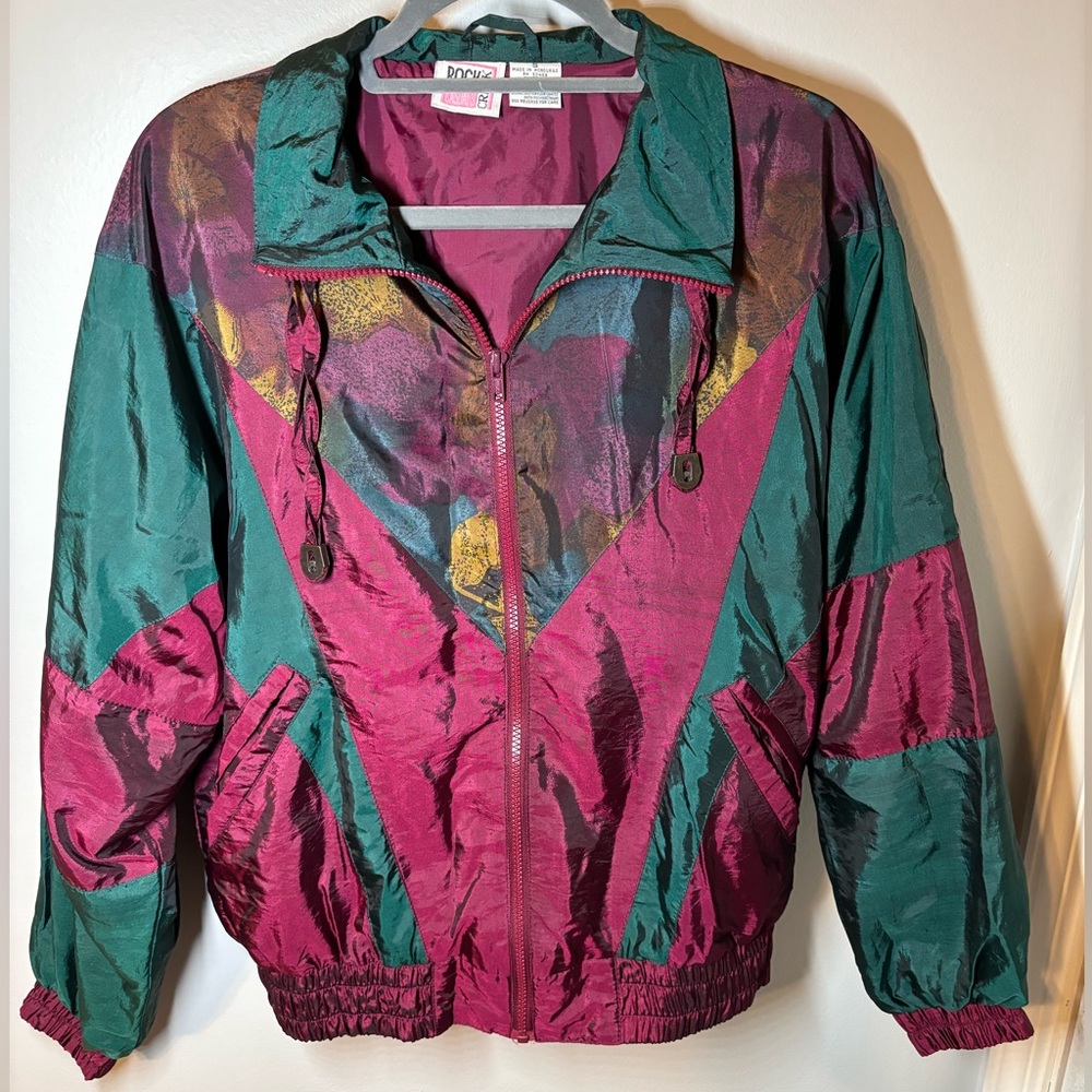 1990s Rock Creek Casuals Jacket Color Block Windbreaker Purple Ladies Size Small